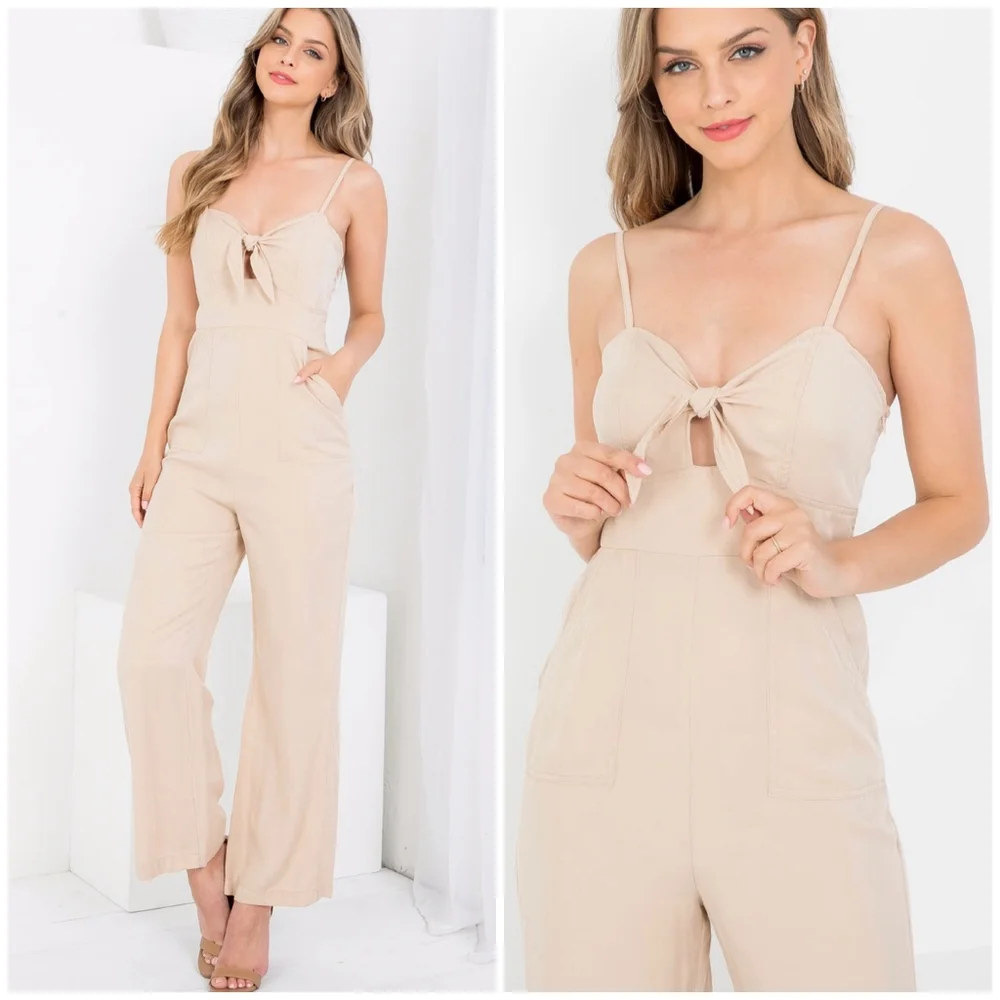 ILLA ILLA Adorable Cream Tencel Straight Leg Sweetheart Jumpsuit - Picture 1 of 10
